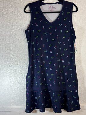 LILLIE GREEN Golf Dress Pockets UPF Sun Block Tee Time Navy Print Sz Medium NWT